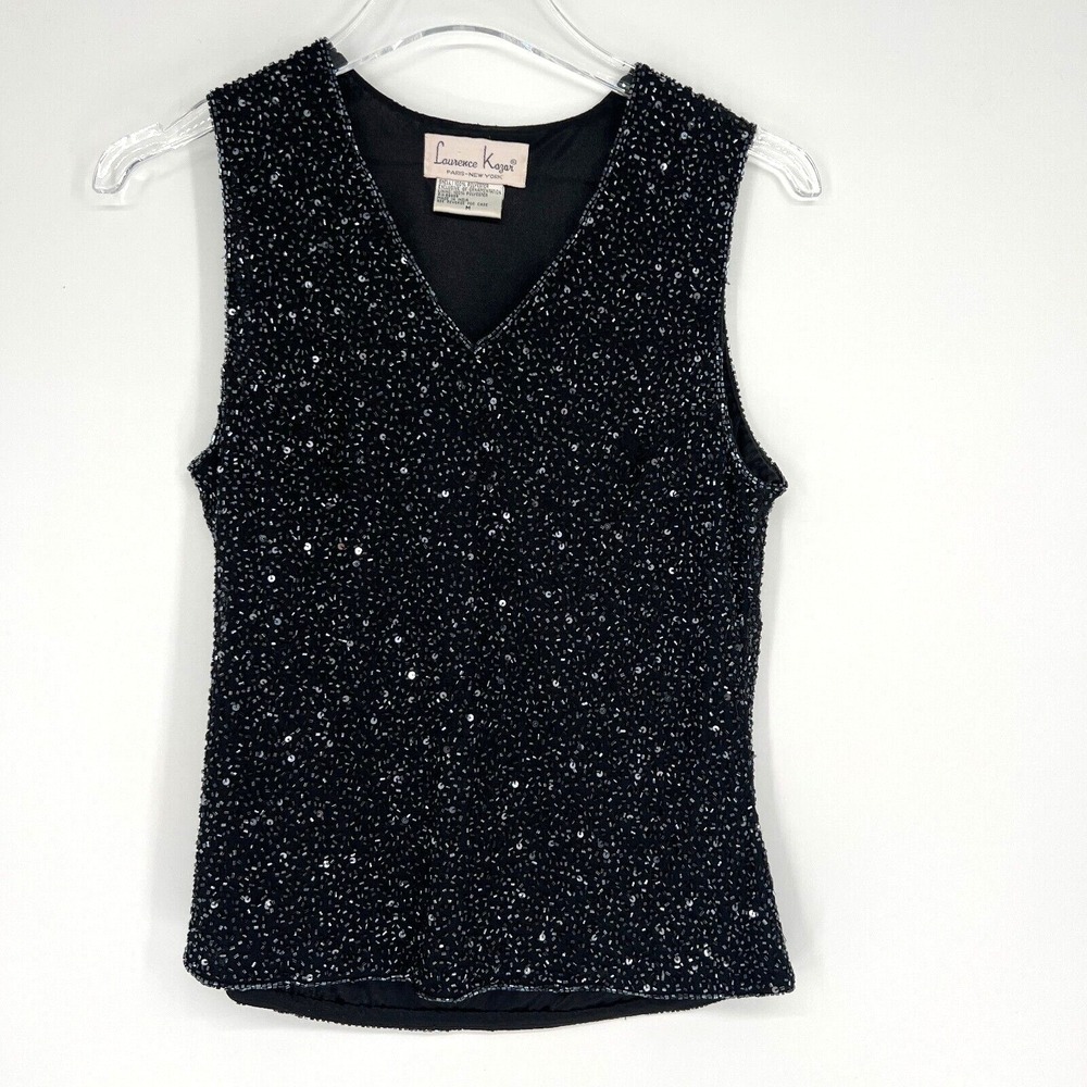 Vtg Laurence Kazar Tank Top Womens M Beaded Black NYE Glam V Neck Retro